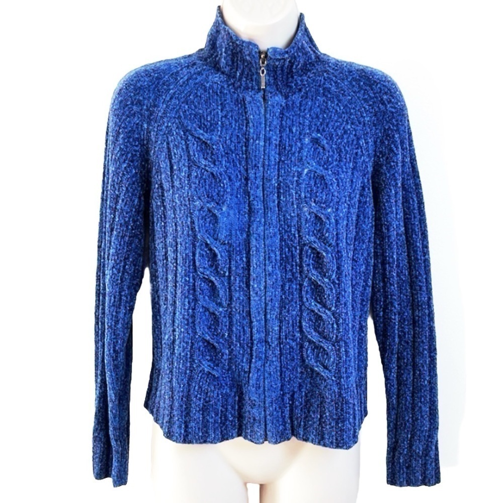 Evan Picone Soft Knit Full Zip Long Sleeve Cardigan Sweater Vintage Blue Small